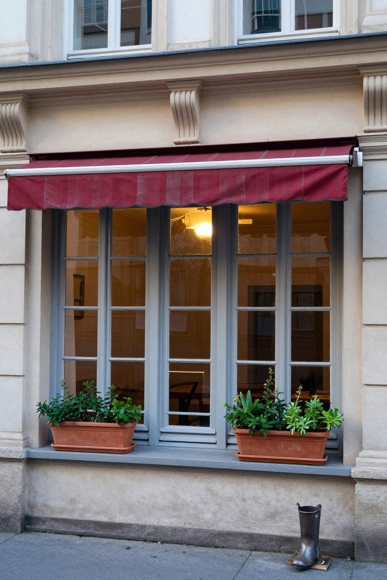 Beige stone facade of an European-style building with a large red fabric awning over gray-framed triple casement windows, terracotta window boxes with green plants on the sill, and a black rubber boot on the gray sidewalk below.