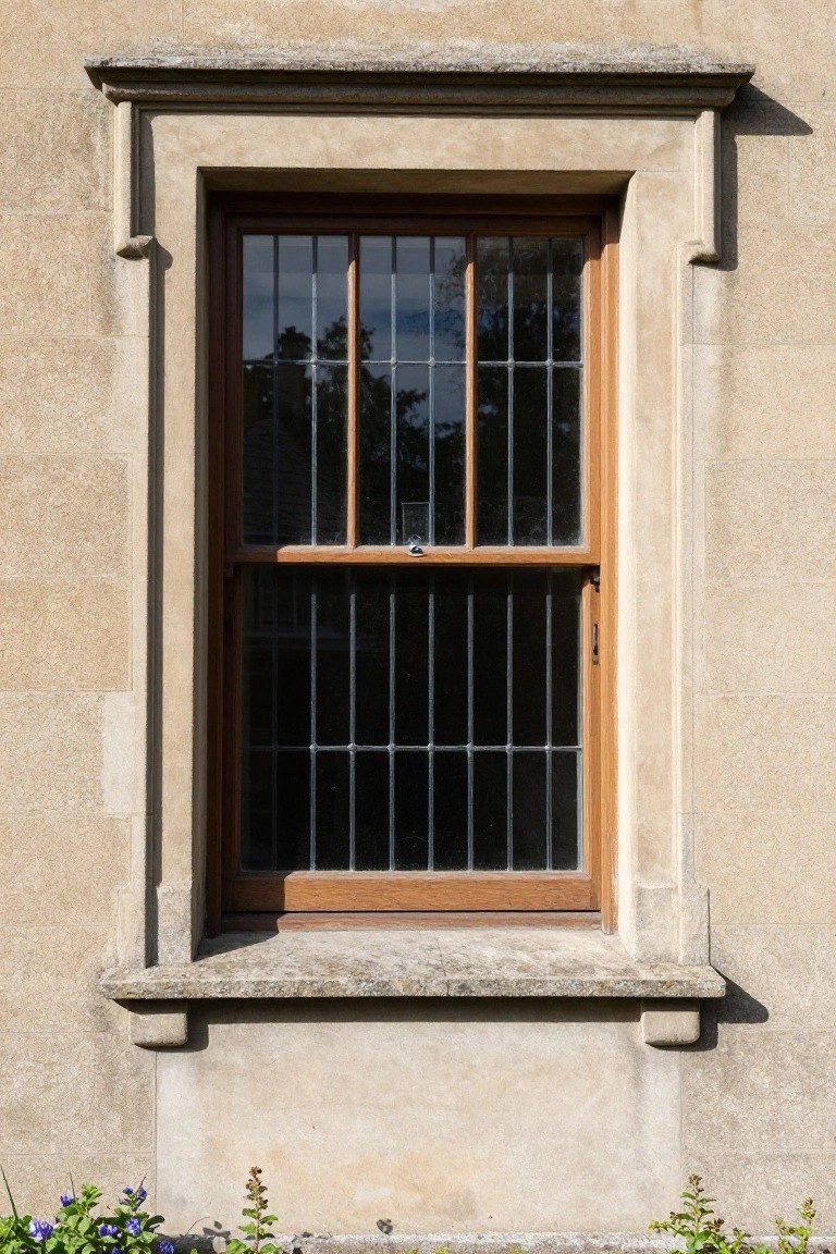 Tall narrow wood sash window with black iron bars centered in a symmetrical beige stone architrave featuring pilasters, cornice, and sill on a light stone wall, with small blue flowers and greenery at the base.