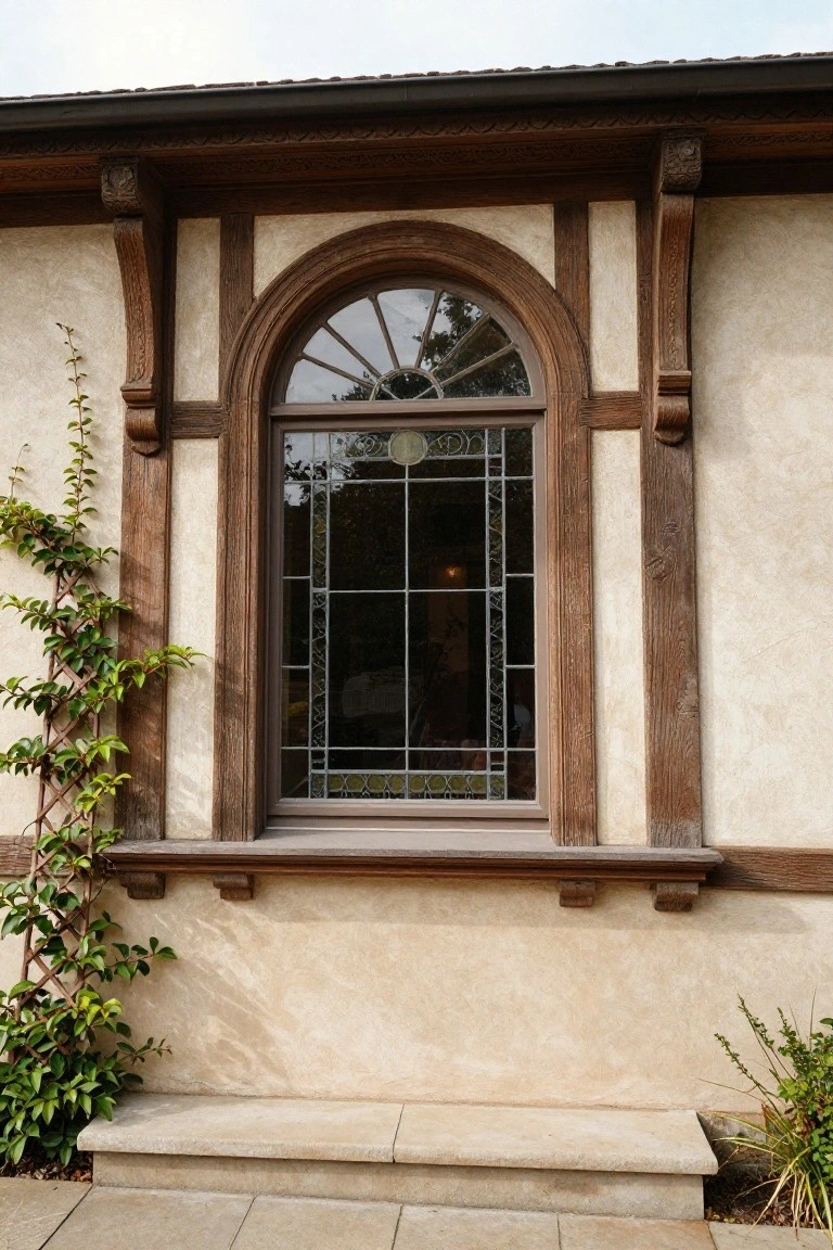 Close-up of a tall arched window with stained glass panes and dark timber framing on a light stucco exterior wall, with ivy vines on a trellis to the left and stone steps at the base.