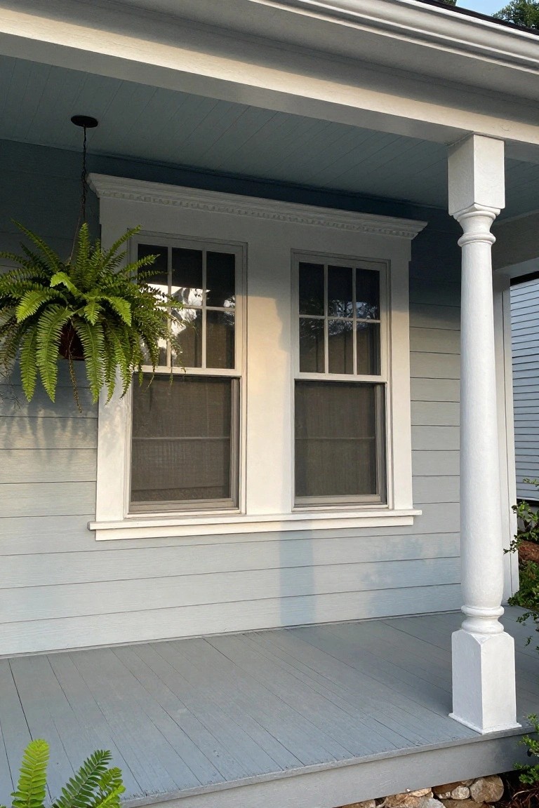 Light blue clapboard house exterior on a porch with paired double-hung windows in white pedimented trim, screens, hanging fern plant, white tapered column, and gray decking.