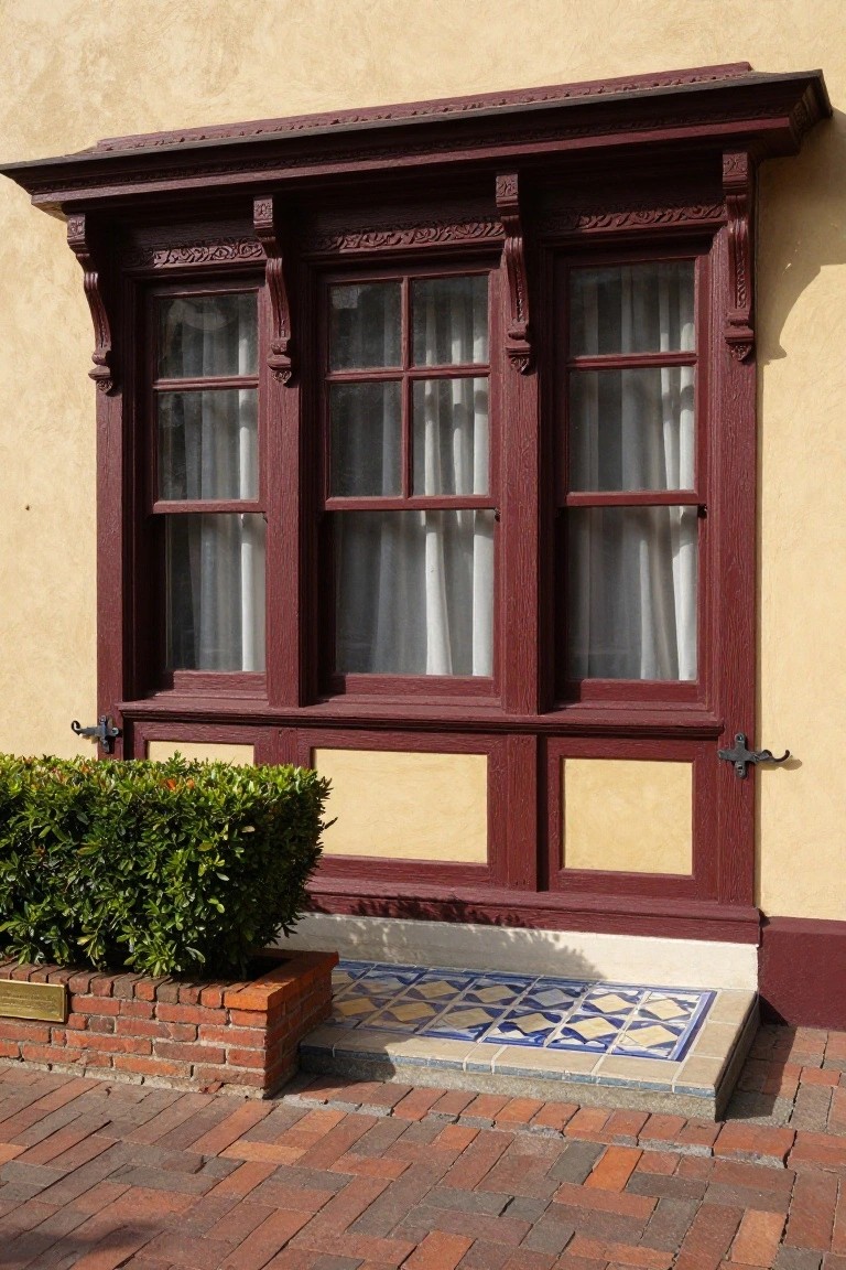 Close-up of a three-part red wooden window with carved corbels, brackets, and multi-pane glazing on a yellow stucco wall, next to a brick planter with boxwood shrub and a blue-and-white tiled step on a brick path.
