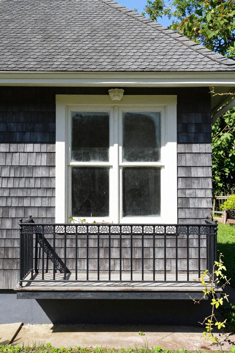 Dark shingle siding on a house exterior with a white double-hung window above a black wrought iron balcony railing and partial staircase.