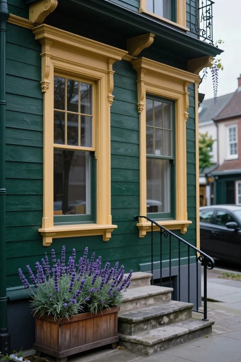 Dark green Victorian house exterior with yellow window trim and frames, ornate brackets, stone steps with black railing, and a wooden planter of purple lavender flowers at the base.