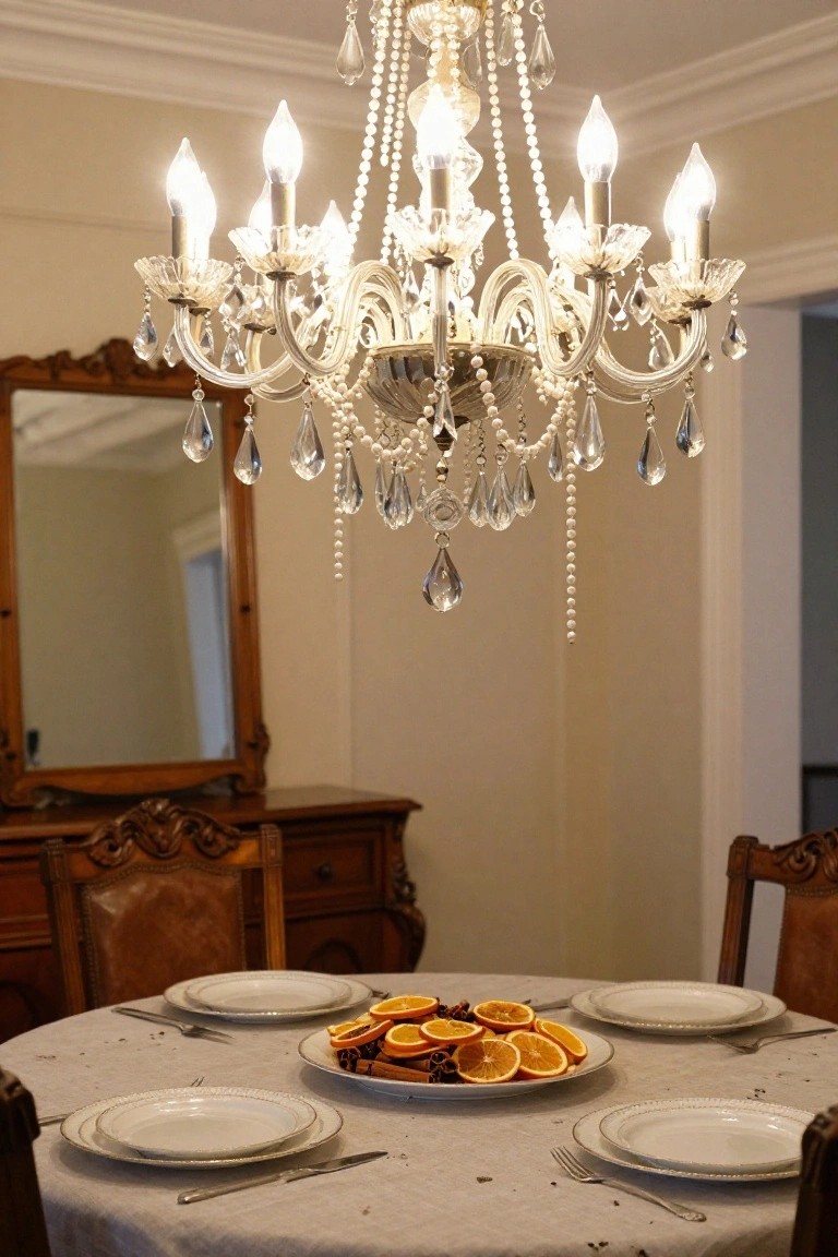 Dining room with crystal chandelier over round table set with white plates and central platter of dried orange slices and cinnamon sticks, flanked by antique wooden chairs and sideboard.
