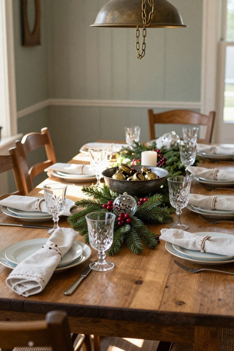 Rustic wooden dining table decorated for Christmas with a central evergreen garland runner, brass bowl of bells, crystal glassware, white linen napkins tied with beads, and wooden chairs in a pale green room.