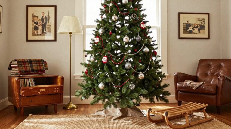Living room corner featuring a Christmas tree decorated with red glass baubles, silver ornaments, Santa figures, and garlands next to a white fireplace, leather armchair, and wooden sled on a rug.