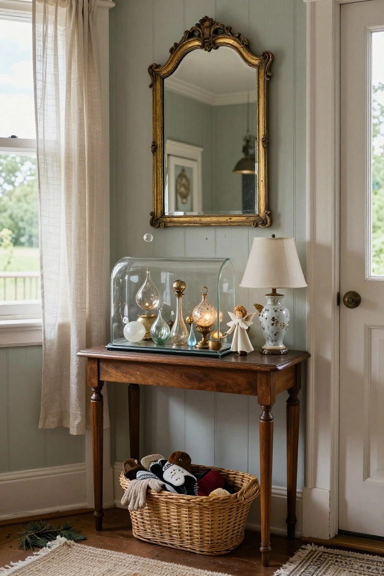 Wooden console table in a pale green room displays vintage glass ornaments, angels, and candle holder under a clear glass dome, with a white lamp, gold mirror, and wicker basket of gloves nearby.