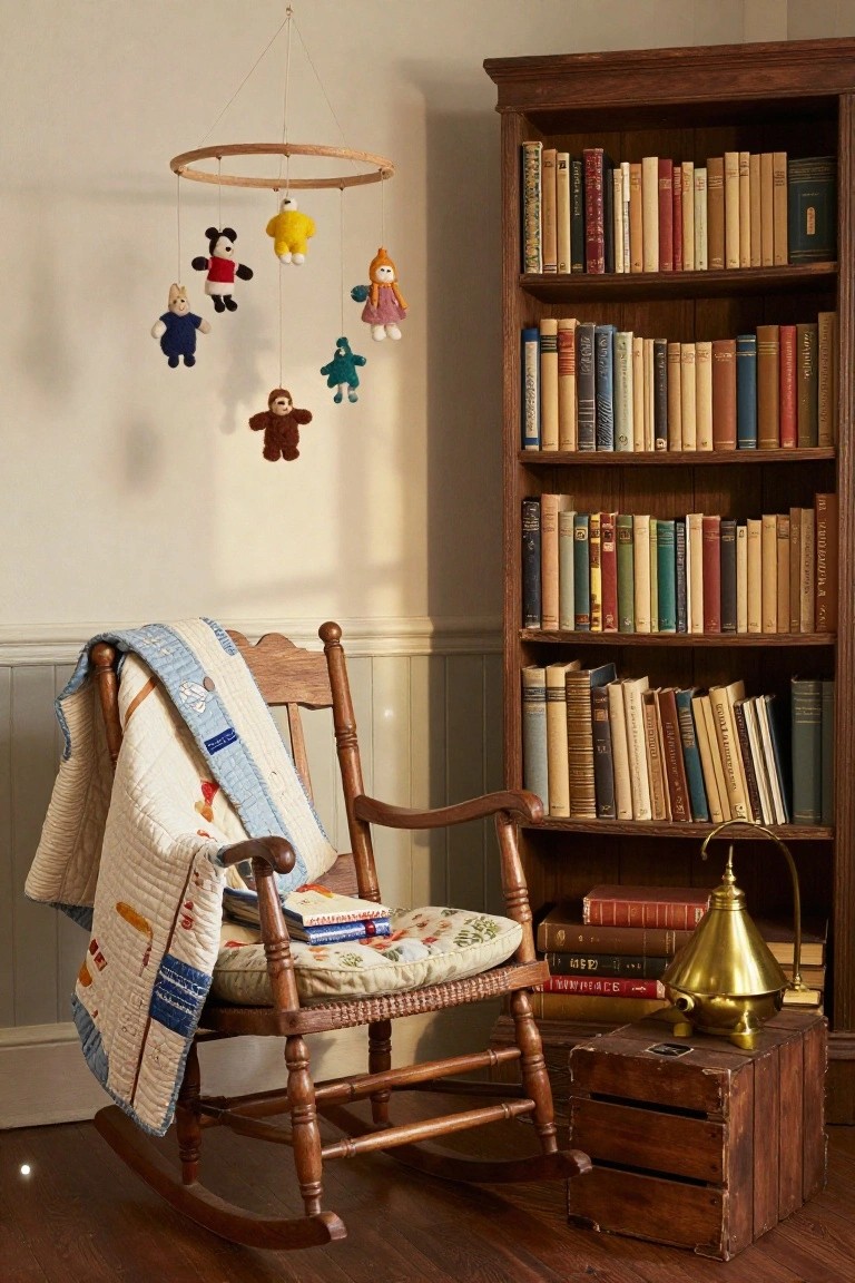 Wooden hoop mobile with colorful handmade felt animals including a mouse, bear, and others hanging above a quilt-draped wooden rocking chair next to a tall bookshelf filled with books in a cozy room.