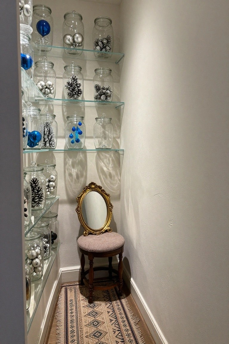 A small indoor nook with floating glass shelves holding clear jars filled with silver baubles, blue ornaments, pinecones, and other Christmas decorations, next to a gold-framed mirror and a wooden chair on a patterned rug.