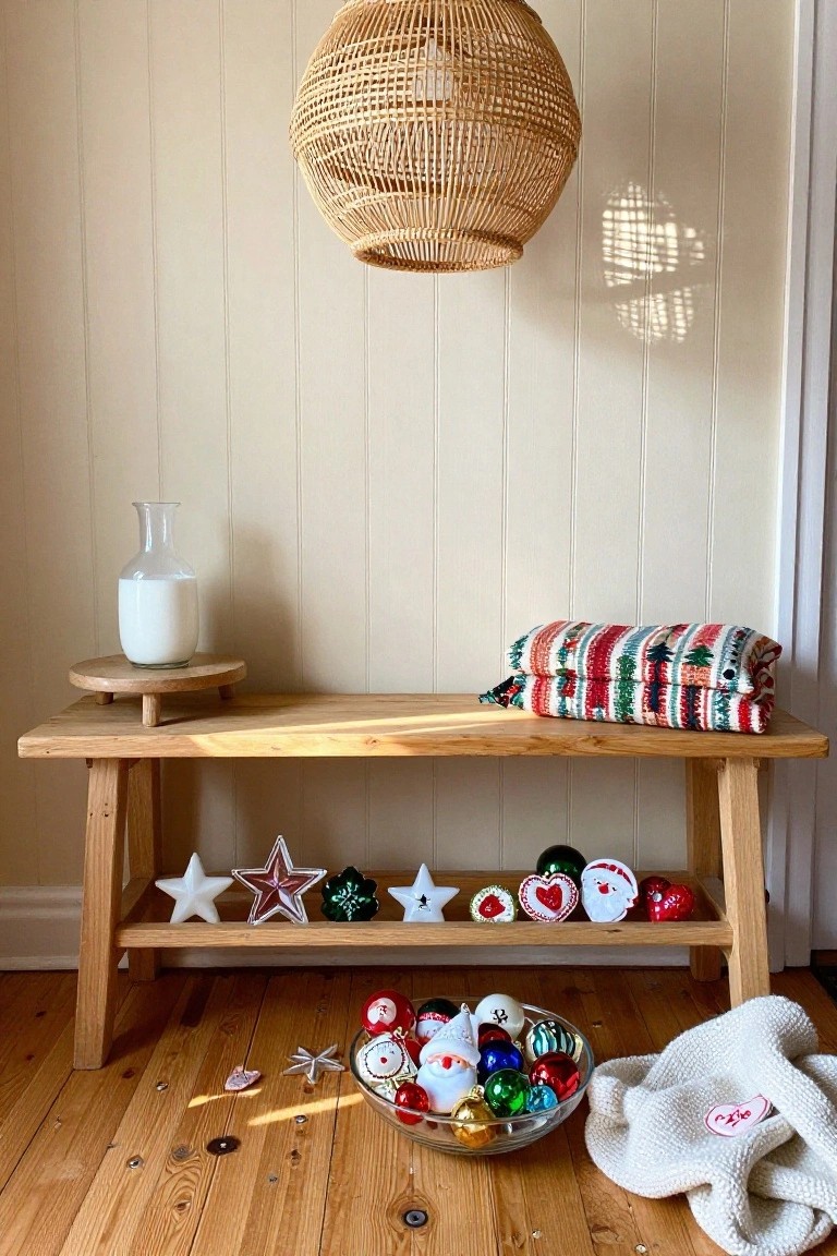 Wooden bench with open shelves displaying white, red, green, and multicolored vintage Christmas ornaments including stars and hearts, a glass milk jug on a round stand, a colorful striped blanket on the bench, and a glass bowl of ornaments on the floor in a room with light wood paneling.