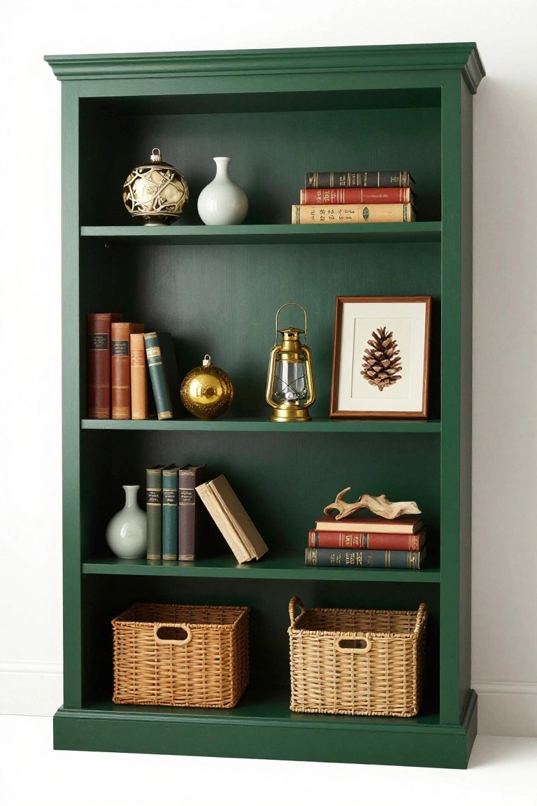 Tall wooden bookshelf painted green with white trim, holding stacks of vintage books, white and gray vases, gold Christmas ornaments, brass lantern, framed pine cone artwork, antler shed, and two woven baskets on lower shelves.