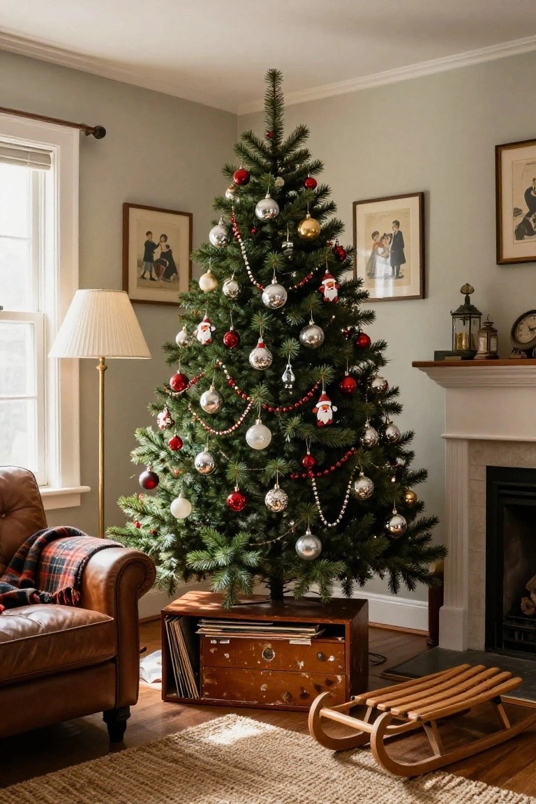 Living room corner featuring a Christmas tree decorated with red glass baubles, silver ornaments, Santa figures, and garlands next to a white fireplace, leather armchair, and wooden sled on a rug.