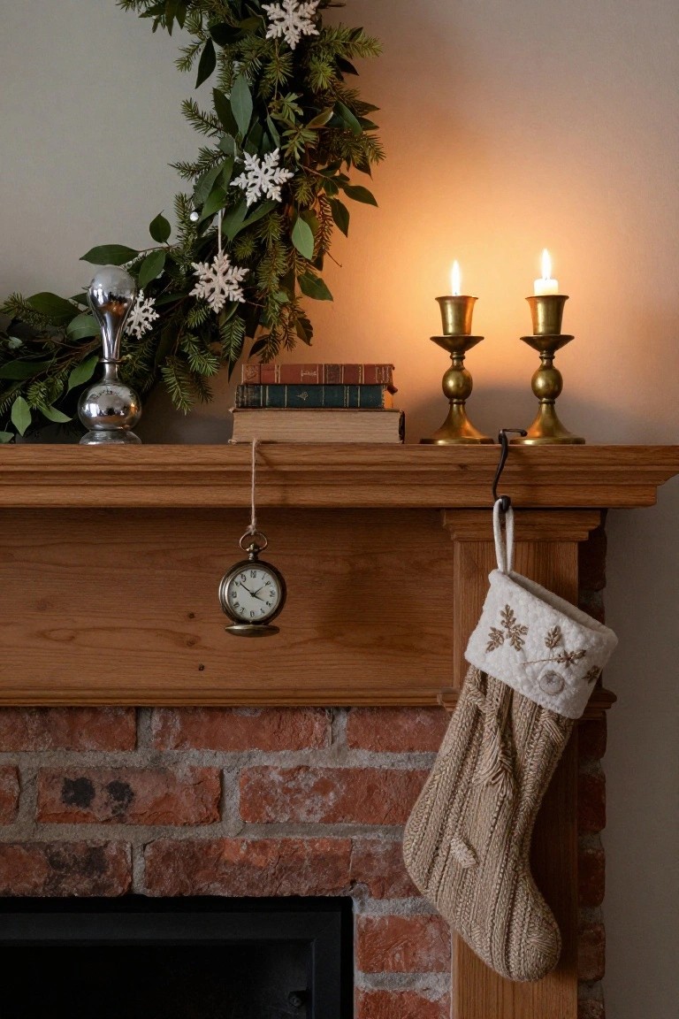 Wooden mantel above brick fireplace holding stacked books, silver ornament, brass candelabras with lit candles, dangling pocket watch, and cream knit Christmas stocking hanging from hook, with evergreen garland and snowflake accents on wall.