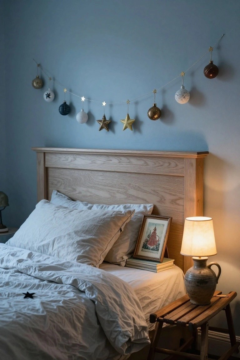Cozy bedroom interior with oak headboard, white duvet on unmade bed, bedside table holding lamp books and framed art, wooden stool, and garland of assorted Christmas balls and stars on blue wall above bed.