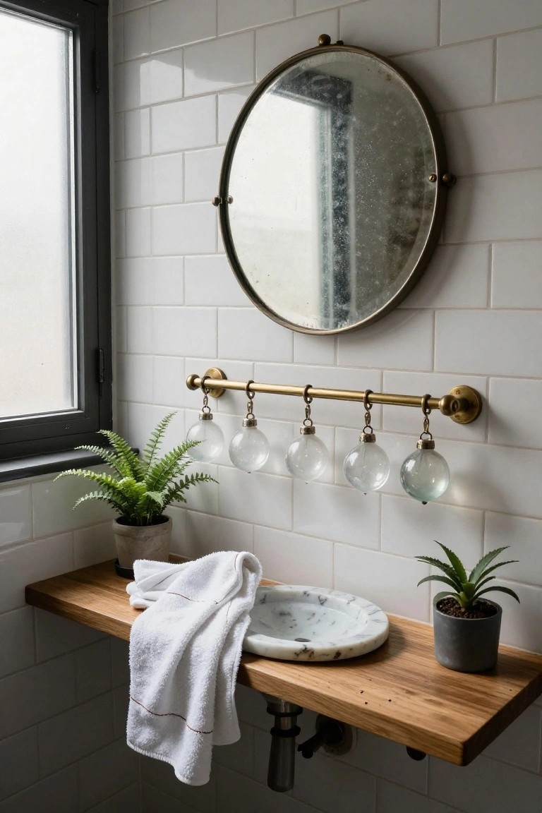 White subway tile bathroom wall with round brass mirror, brass bar holding five clear glass orb ornaments, wooden shelf vanity with white towel, marble sink, potted ferns and succulent, window with black frame nearby.
