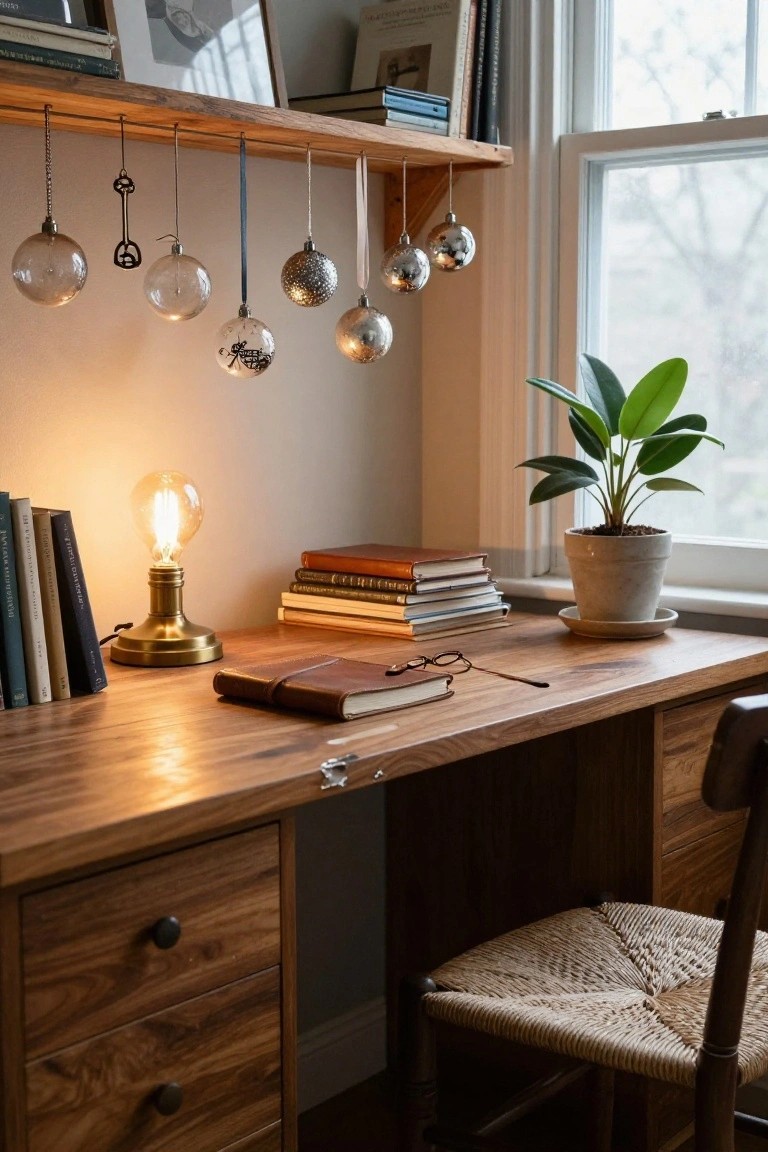 Wooden desk with leather notebook, brass lamp, and eyeglasses in a cozy room; open shelves above holding books and dangling vintage Christmas ornaments like clear glass globes, silver balls, and a key-shaped one; potted plant by window and rattan chair nearby.