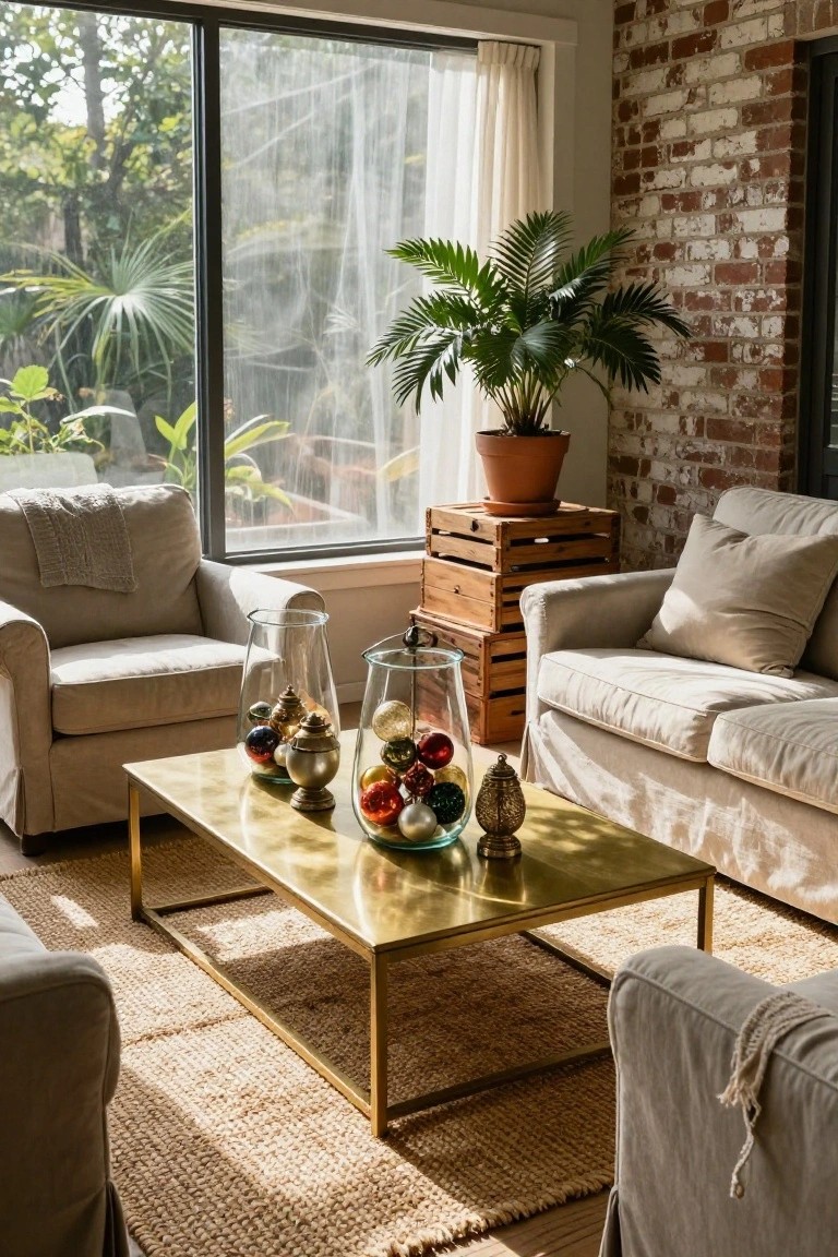 Living room with neutral beige sofas and armchair around a low brass coffee table holding several glass containers filled with colorful round and shaped Christmas ornaments, potted palm plant on wooden crate, exposed brick walls, and large windows with sheer curtains showing outdoor greenery.