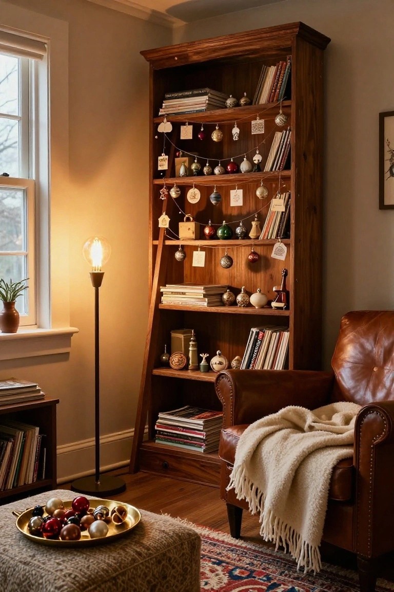 Wooden bookshelves filled with books and decorated with hanging glass Christmas ornaments, tags, and garlands, beside a leather armchair with a throw blanket, floor lamp, and ottoman in a cozy beige room.