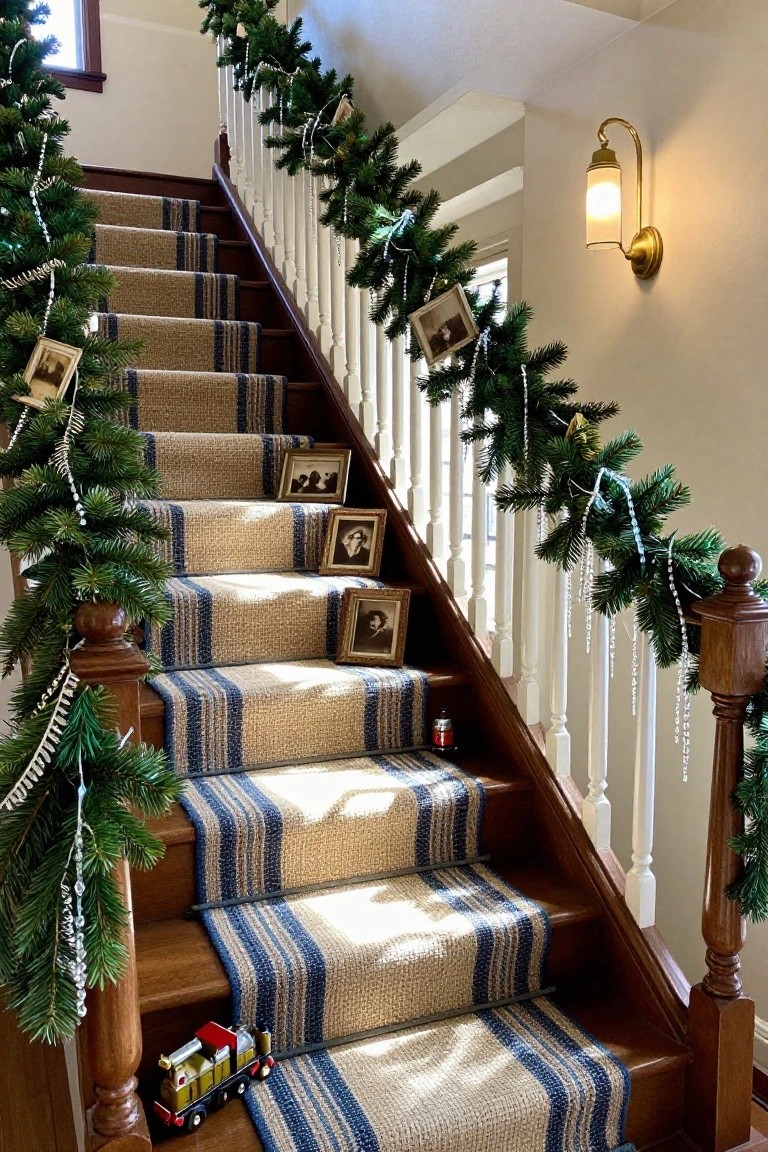Wooden staircase with navy and cream striped carpet runner, decorated with evergreen garlands draped over white railings, small vintage photo frames clipped to the garlands, icicle strands, and a toy train on a step.