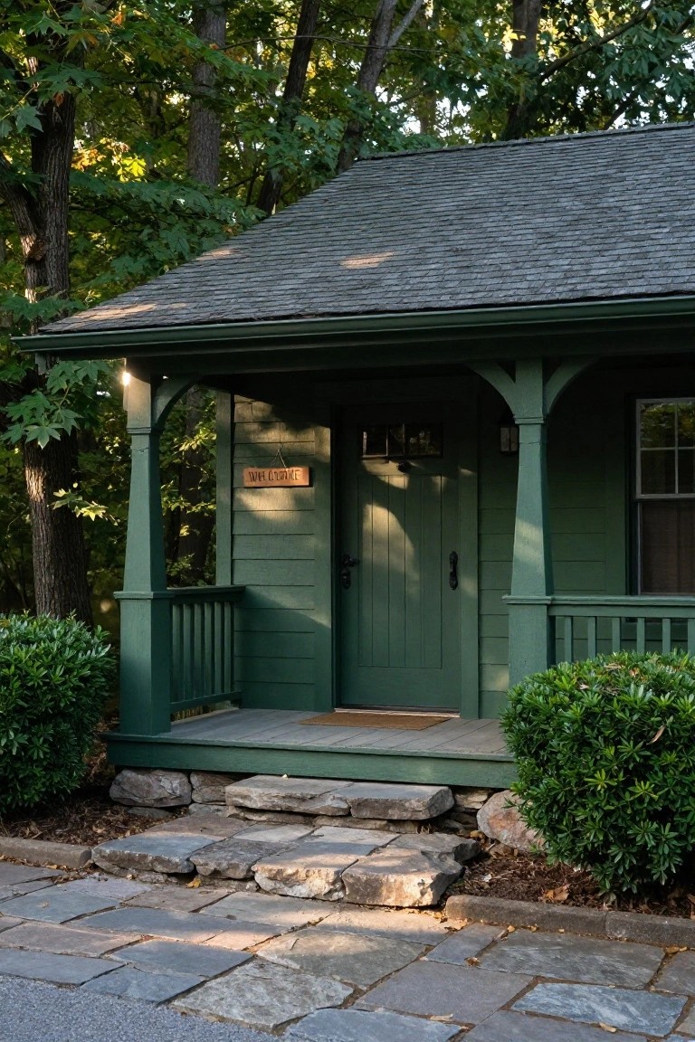 Green painted wood shingle cottage exterior with covered porch, dark green paneled door, Welcome sign, flanked by trees and shrubs, stone steps to porch deck.