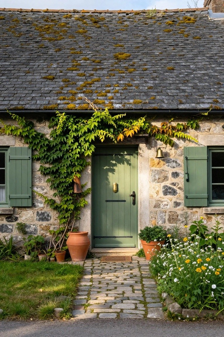 Stone cottage exterior with moss-covered slate roof, green wooden front door, ivy climbing the walls, green shutters on windows, terracotta pots, flower beds, and cobblestone path.