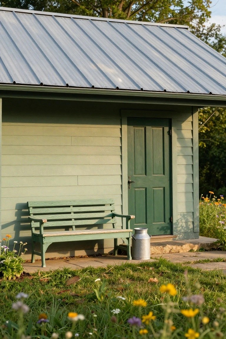Small green clapboard shed with galvanized metal roof, dark green paneled door, green wooden bench, and metal milk can on stone steps surrounded by wildflowers and grass.