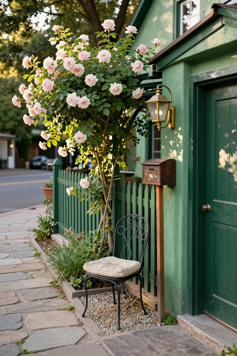 Mint green house exterior wall with dark green door, brass lantern light, wooden mailbox, green picket fence with climbing pink rose bush, metal chair on stone path, and potted plants nearby.