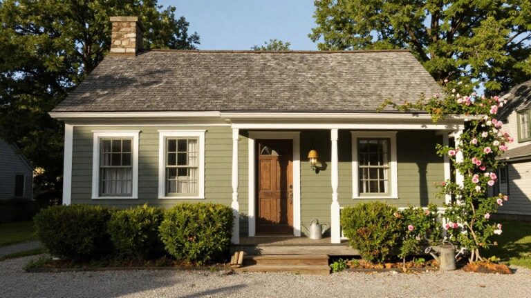 Green shingled house exterior with white trim, wooden paneled door, wall lantern, double-hung window, boxwood shrubs, climbing roses, and gravel driveway.