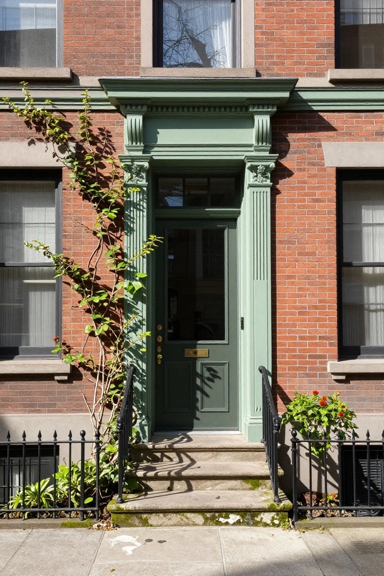 Red brick townhouse exterior with dark green front door and matching trim and columns, ivy vines climbing the left side, black iron railing and steps leading to the entry, and potted red flowers on the right.