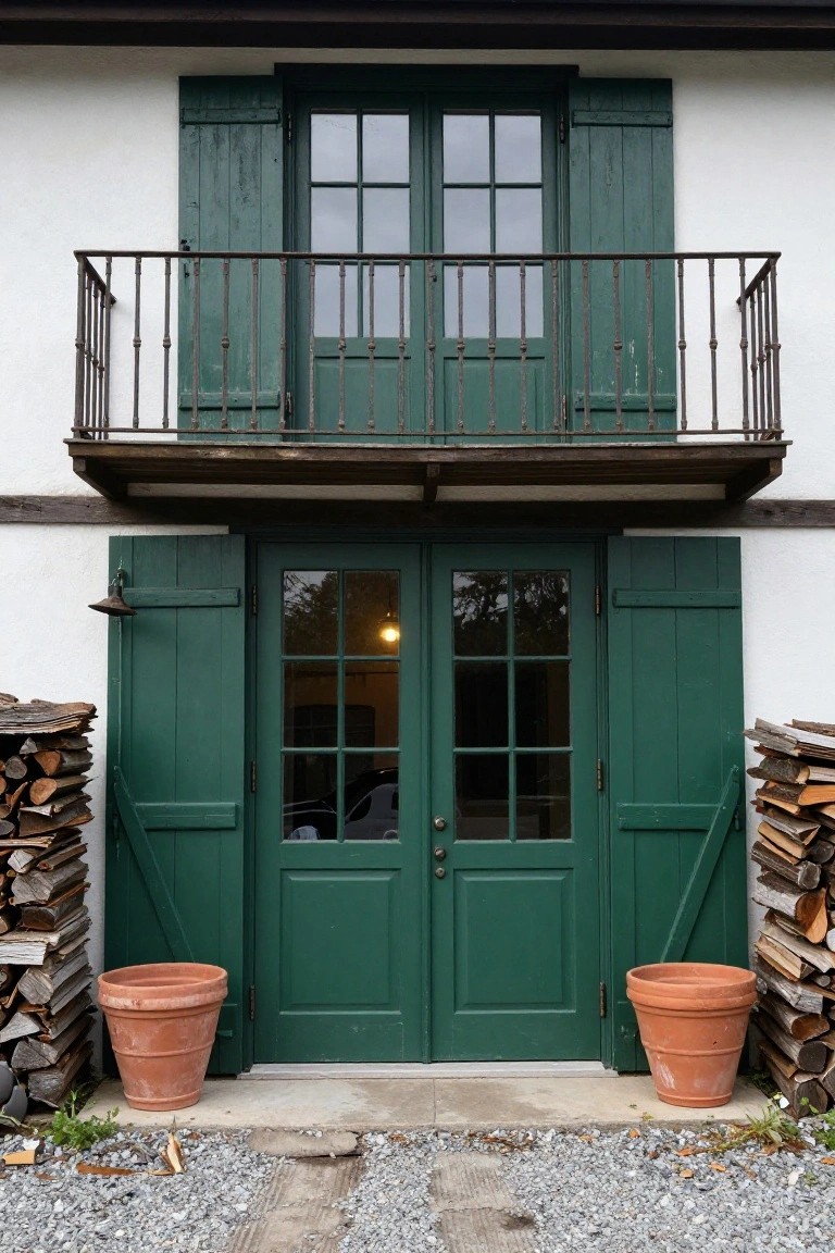 White house exterior facade with matching green wooden shutters on upper balcony double windows and lower double doors with glass panels, iron balcony railing, firewood stacks, and terracotta pots on gravel path.