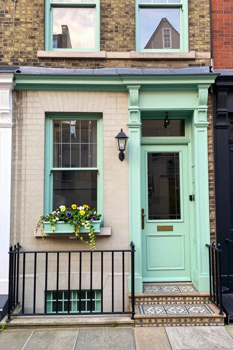 Narrow two-story terraced brick house with mint green front door, matching window frames and sashes, flower-filled window box, black iron railing, and colorful tiled entry steps between white and black neighboring houses.