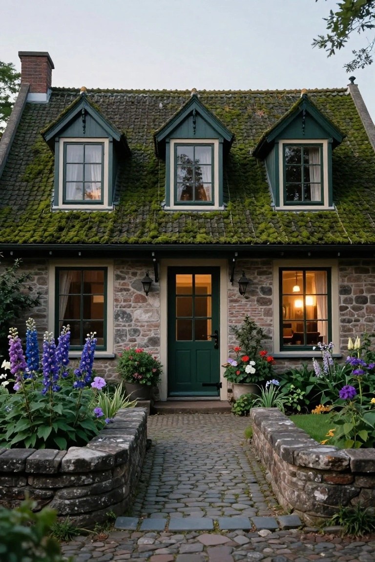 Stone house with green trim and moss-covered tile roof, green front door, flower beds on both sides, and cobblestone path.