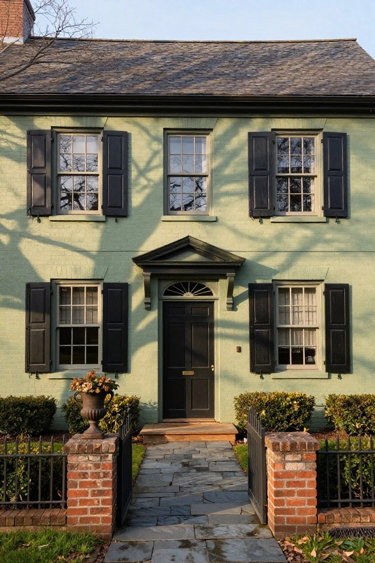 Front exterior of a two-story pale green clapboard house with black shutters on multi-pane windows, a centered black door under a small pedimented porch, brick piers supporting an iron fence and gate, stone pathway, boxwood shrubs, and a potted plant near the entry.