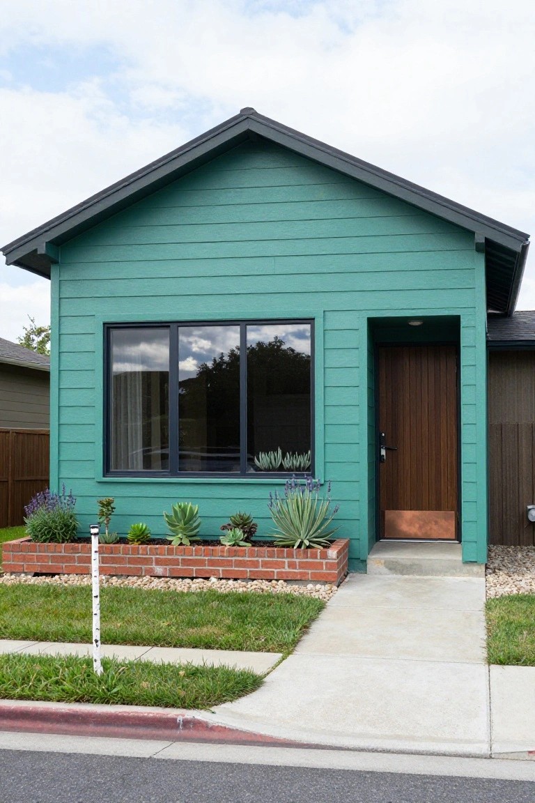 Teal green house with horizontal lap siding, large black-framed triple window, vertical wood front door with copper threshold, brick planter of succulents and agave, concrete entry path, and adjacent homes visible.