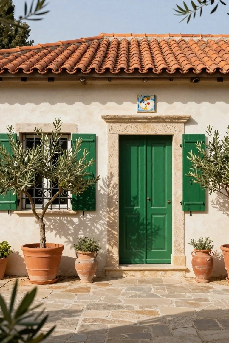 White stucco house with terracotta tile roof, ornate green double front door, green shutters on windows, potted olive trees, and terracotta planters on a stone-paved entry patio.