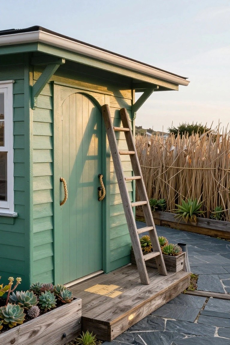 Mint green wooden garden shed with white-trimmed window and arched green door featuring rope handles, wooden ladder leaning nearby, potted succulents along the base, reed fence in background, and slate stone path at sunset.