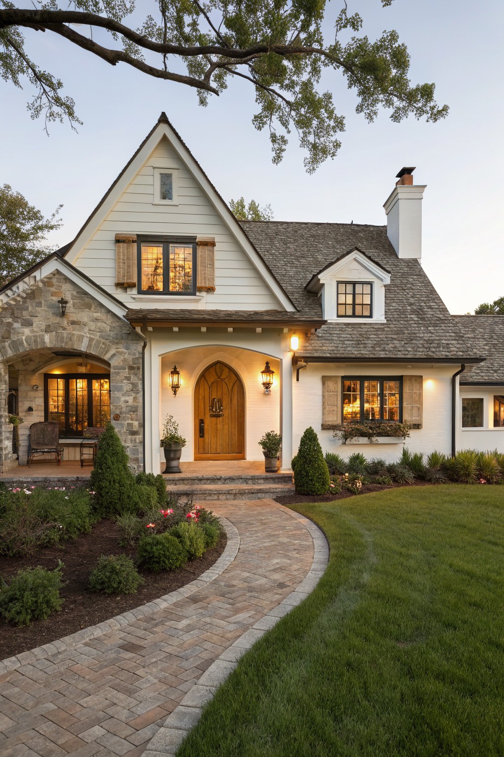 White clapboard house exterior with gabled roof, stone foundation and arches, tall arched wooden front door, wood shutters on windows, lanterns, brick walkway, and low landscaping.