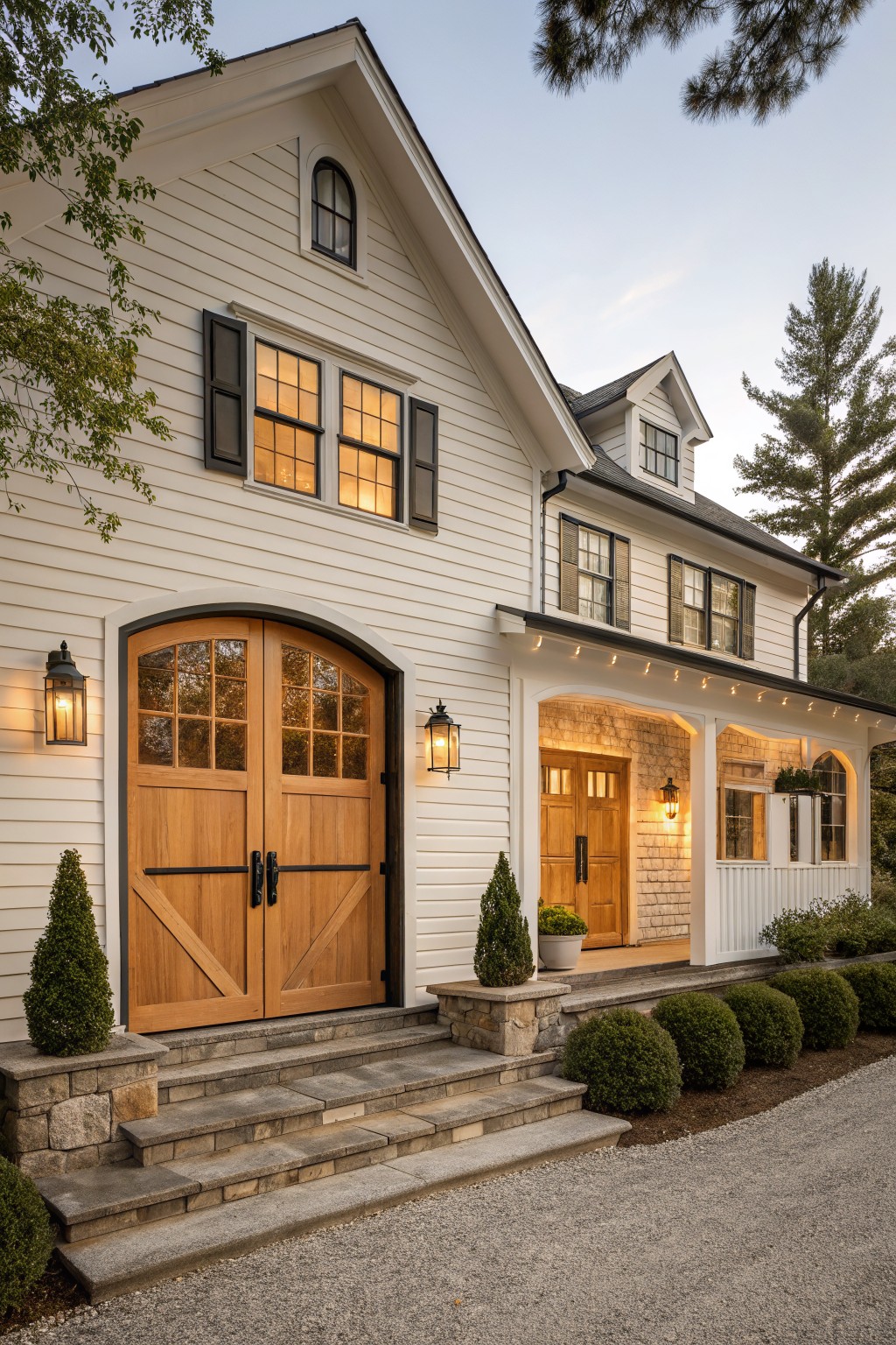 White clapboard house exterior with large arched double wooden garage doors flanked by lanterns, stone steps, a covered porch entry with wood doors, boxwood shrubs, and a gravel driveway.