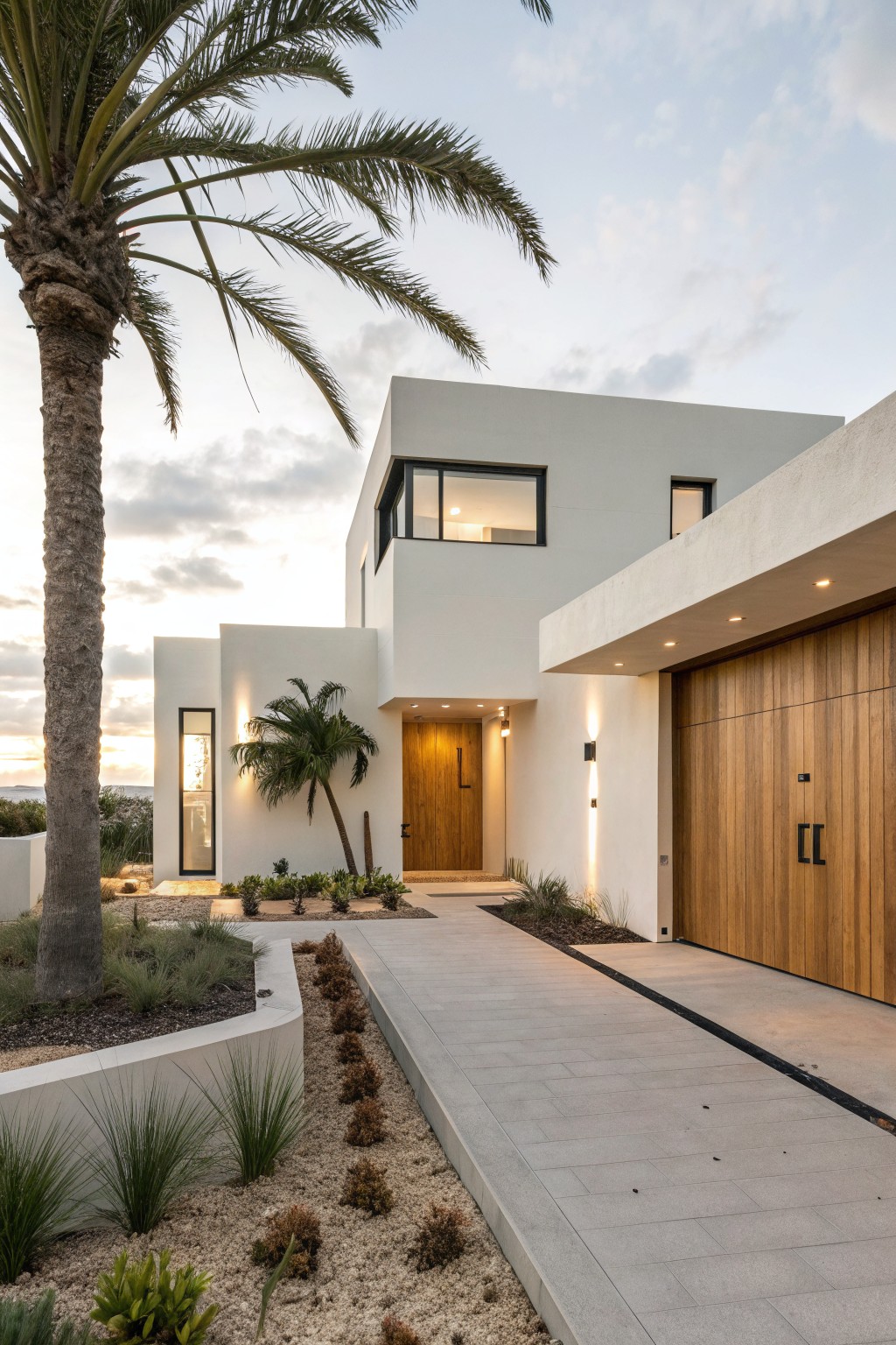 Crisp White Walls with Wood Garage Door