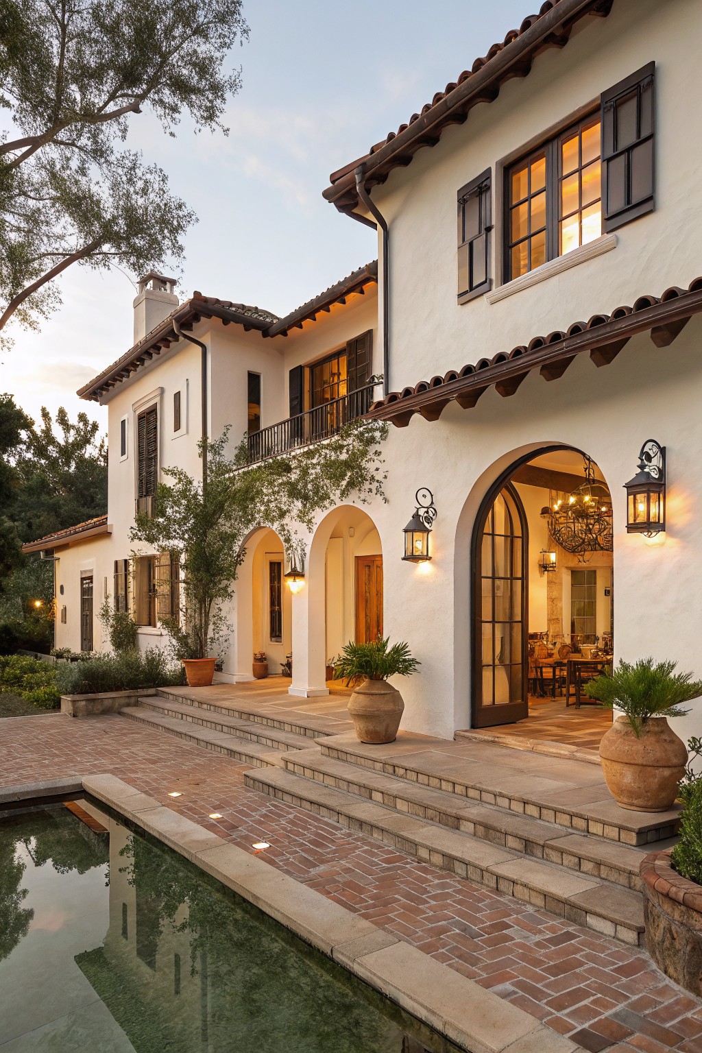 White stucco house exterior with terracotta tile roof, dark wood shutters on windows, arched entry with glass door, potted plants on brick patio steps beside a rectangular pool at dusk.