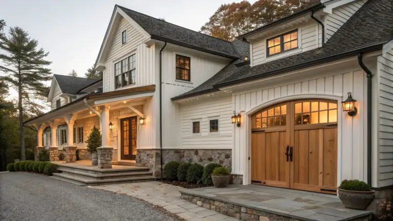 White clapboard house exterior with large arched double wooden garage doors flanked by lanterns, stone steps, a covered porch entry with wood doors, boxwood shrubs, and a gravel driveway.