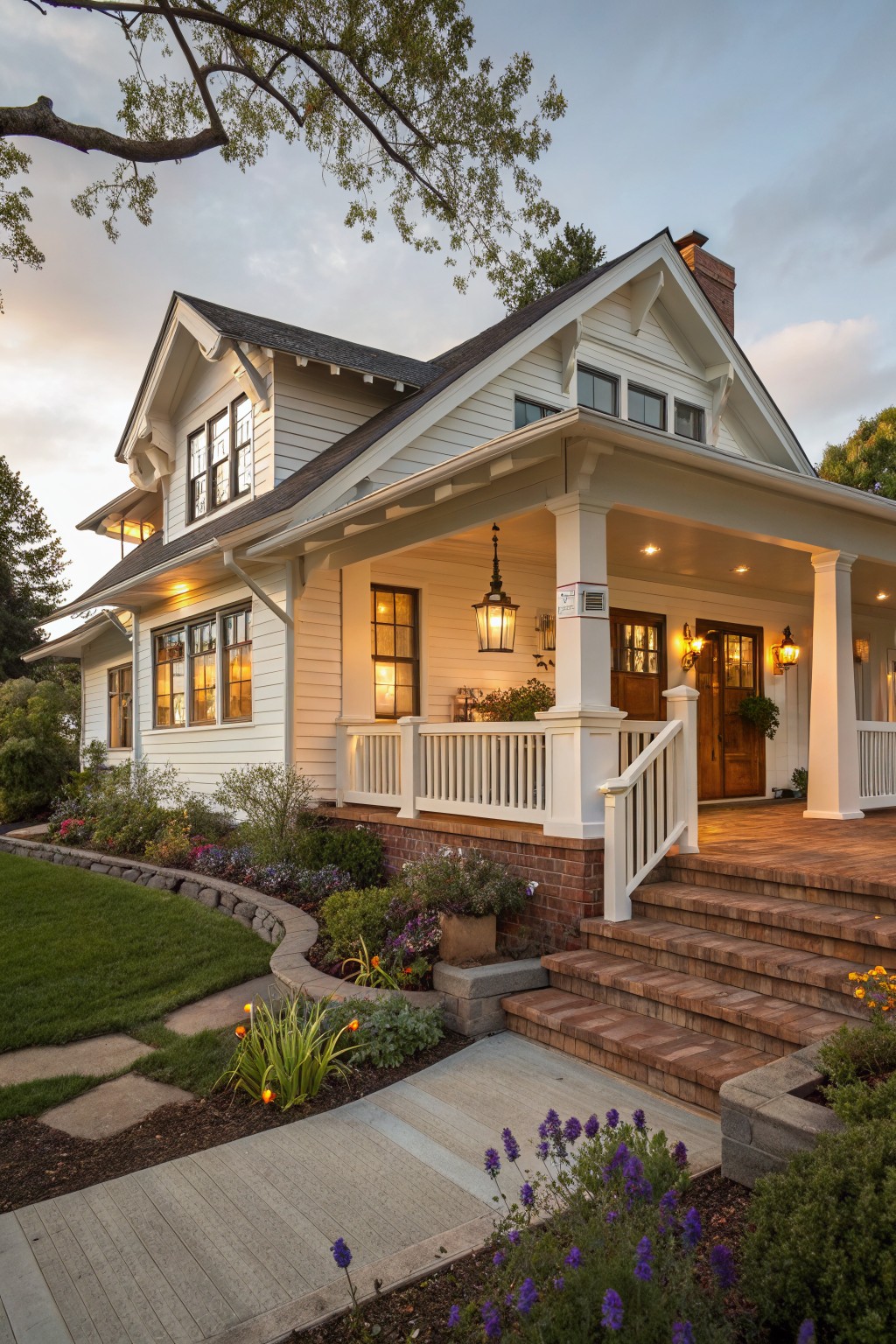 A two-story white clapboard house with dark gray roof, covered front porch supported by white tapered columns, double dark wood doors, brick steps with white railing, lanterns, and landscaped yard with flower beds and pathway at dusk.