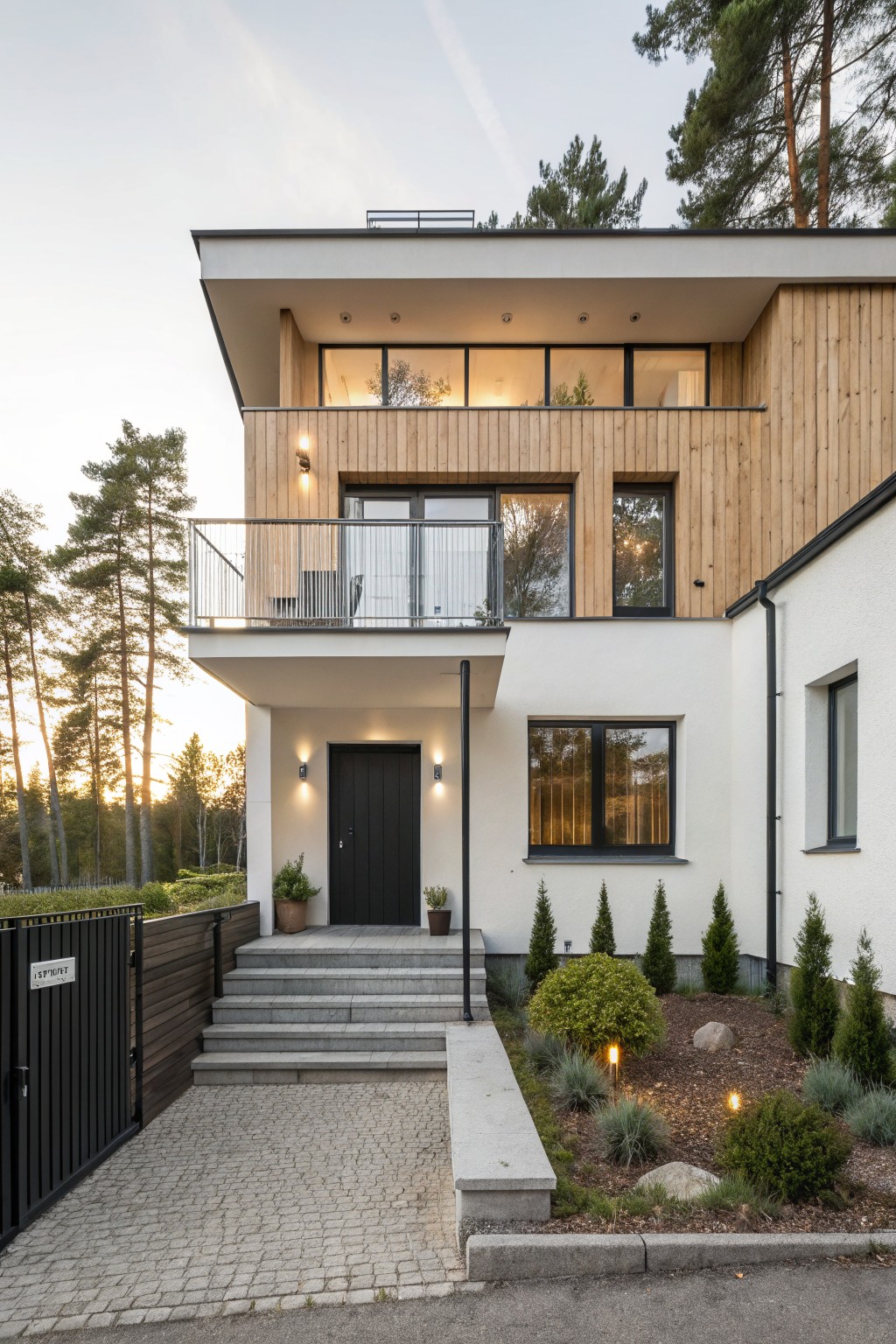 Two-story modern house exterior featuring white plaster walls, vertical light wood cladding on the upper facade and balcony, glass balcony railing, black front door with lights, concrete steps, gate, low plantings, and surrounding pine trees at dusk.