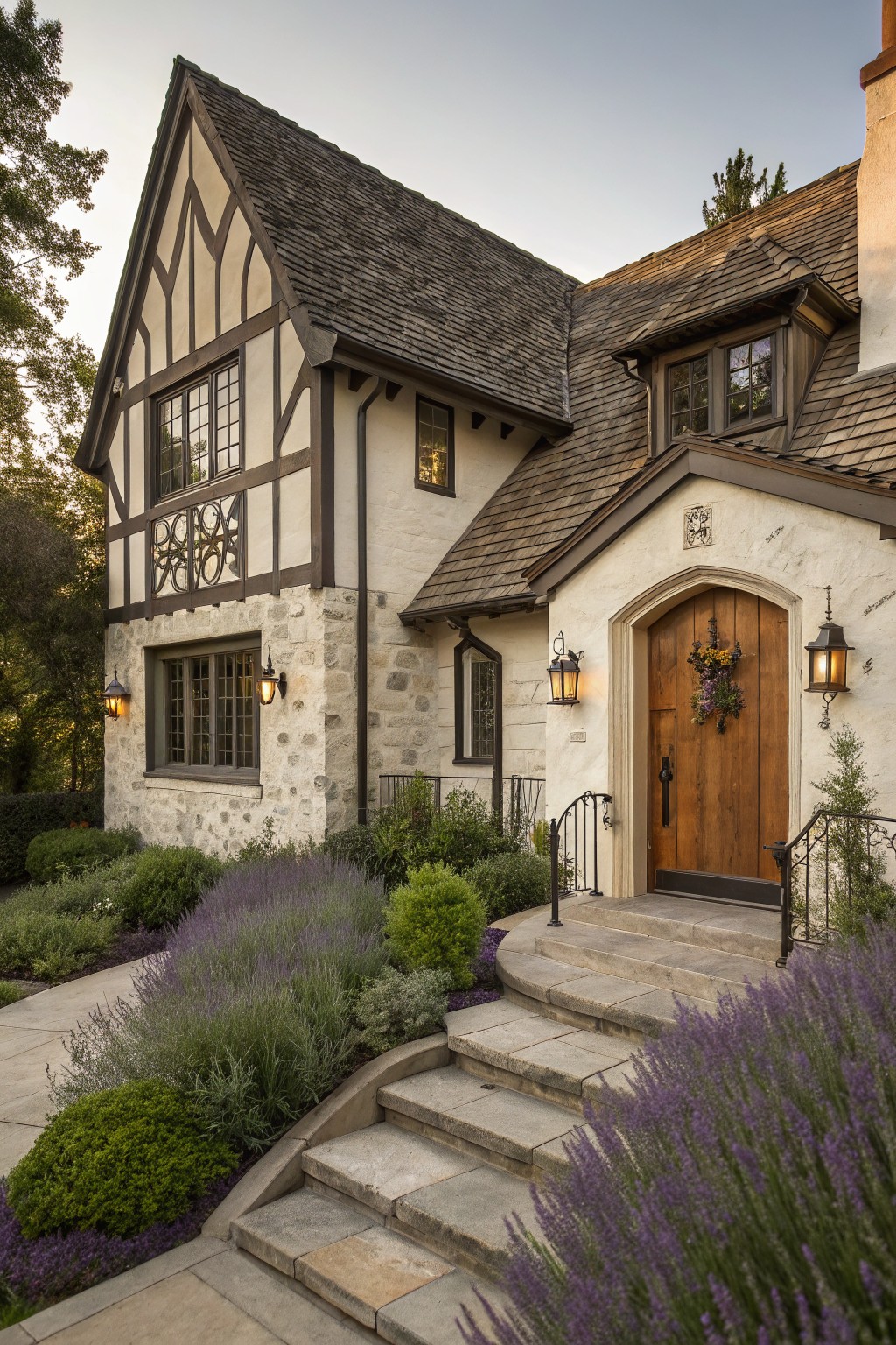 A two-story Tudor-style house exterior with warm white stucco walls, dark timber framing, an arched wooden front door with a floral wreath, stone accents, wrought iron lanterns, curved stone steps, and purple lavender shrubs in the landscaping.