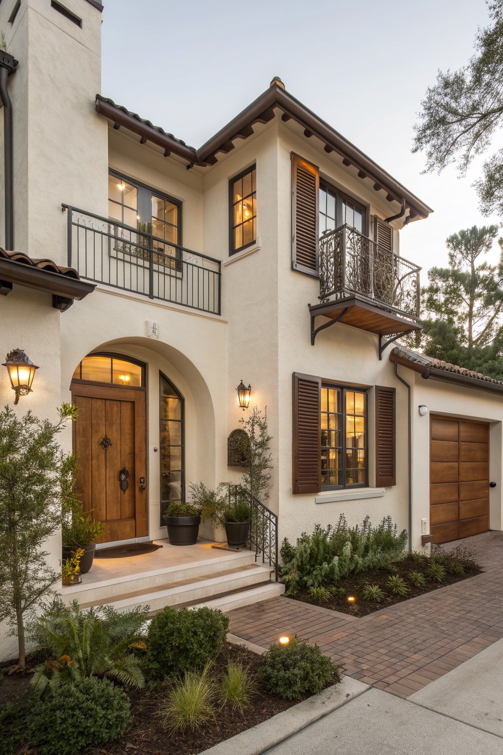 A two-story warm white stucco house exterior featuring an arched wooden entry door, balcony with black metal railing, wood shutters on windows, wooden garage door, lanterns, and front landscaping with plants and a brick pathway at dusk.