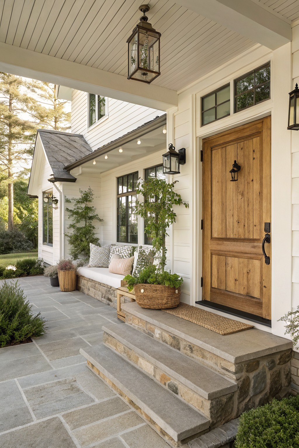 White shiplap house exterior with paneled wooden front door, black lanterns, built-in bench with cushions and plants, stone steps, and bluestone pavers.