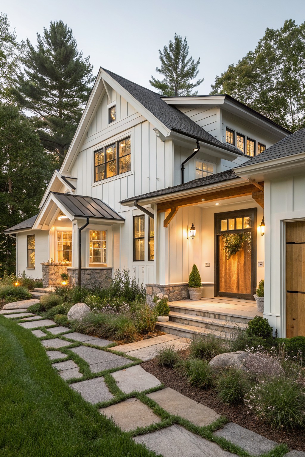A two-story white board-and-batten house with gabled black roof, wooden porch beams and large front door, adjacent wooden garage door, flagstone path, stone steps, low plantings with grasses and boulders, and surrounding pine trees at dusk.