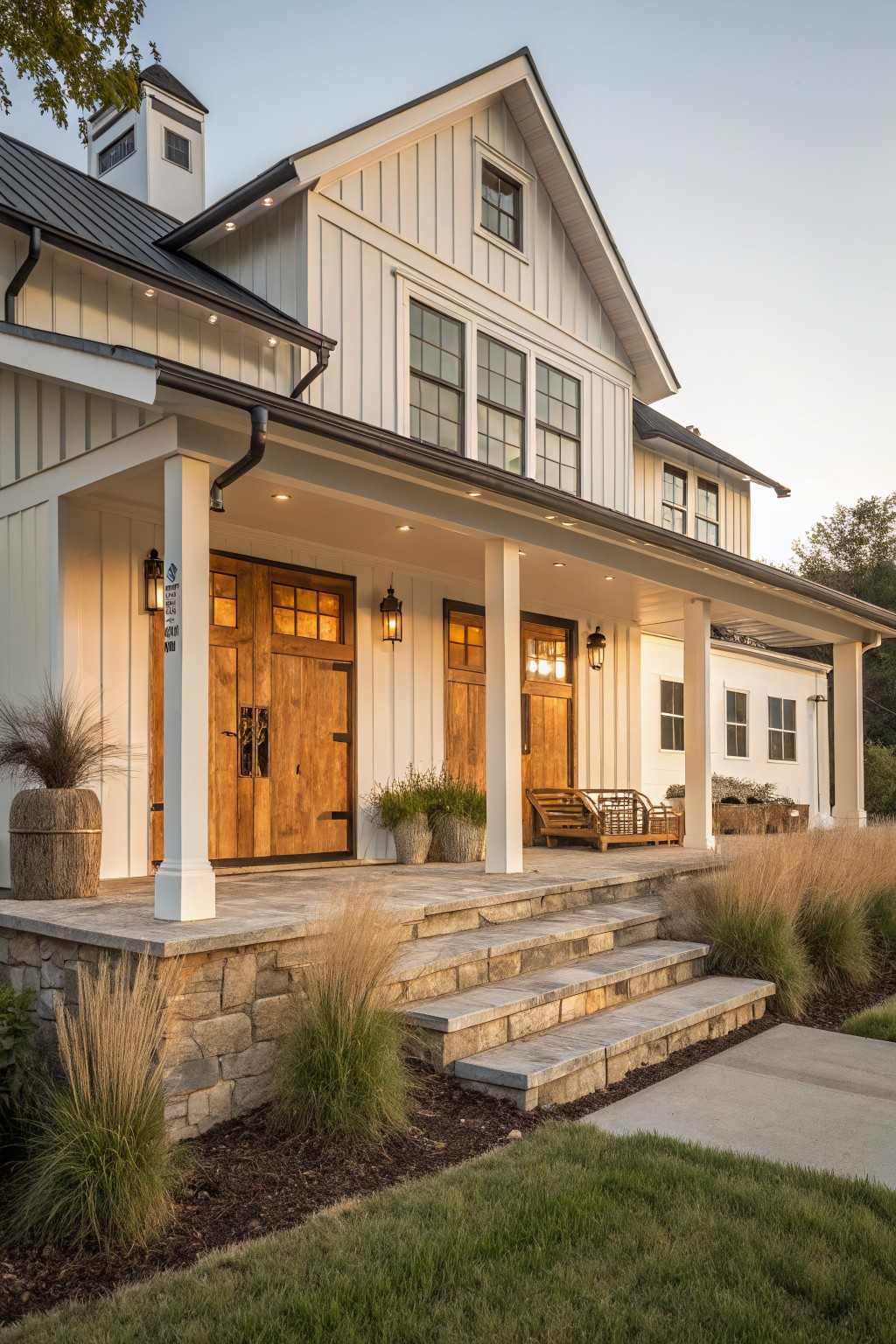 A two-story white board-and-batten house with black metal roof, covered front porch supported by white columns, double paneled wooden entry doors, stone steps, potted plants, and ornamental grasses.
