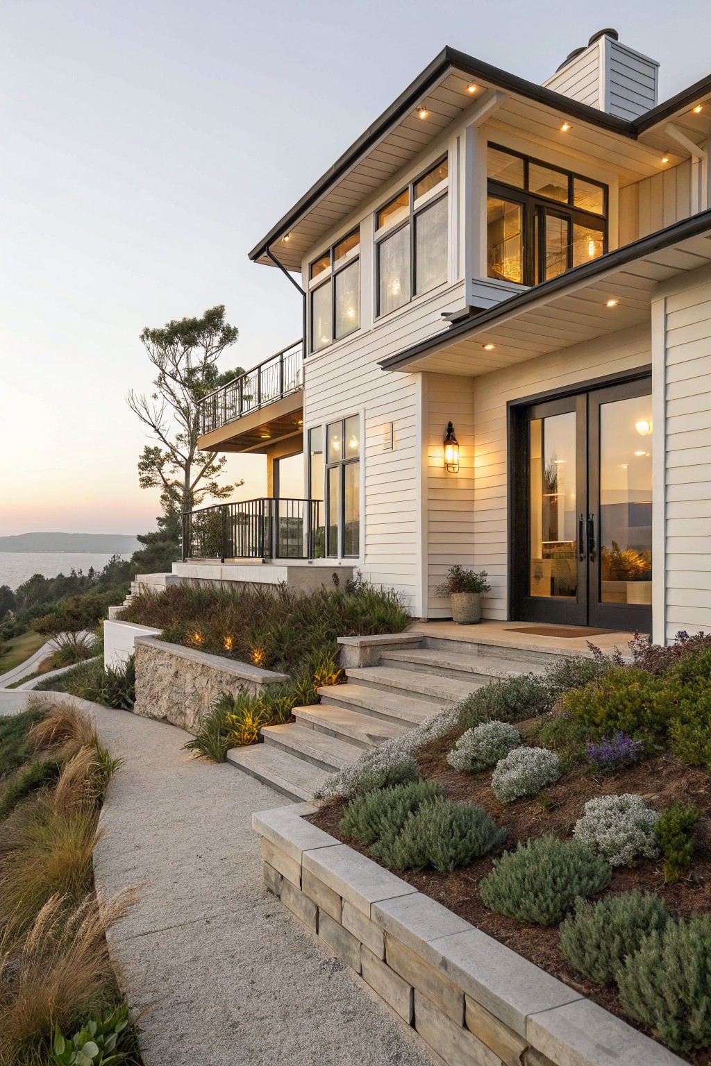 Two-story modern house with white siding, black-framed windows and doors, upper wood deck balcony with metal railing, stone retaining walls with drought-tolerant plants and grasses, concrete steps and path to entry, overlooking bay and trees at dusk.