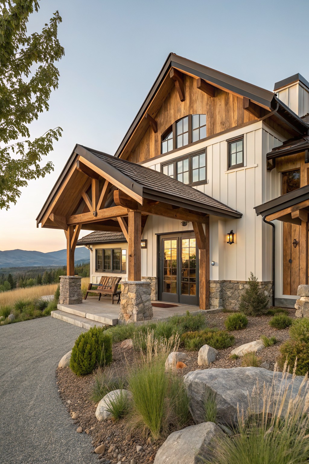Two-story house exterior with white clapboard siding, dark wood beams and trusses on covered porch, stone pillars, double glass doors, gravel driveway edged with grasses and boulders, and mountain view at dusk.